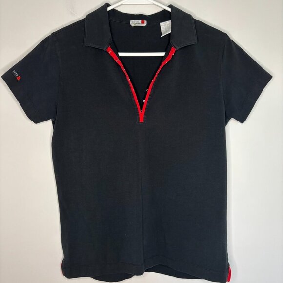IZOD FLEX Short Sleeve V-Neck Tee Medium Black Red Hook & Eye Closure Collared - Picture 1 of 5